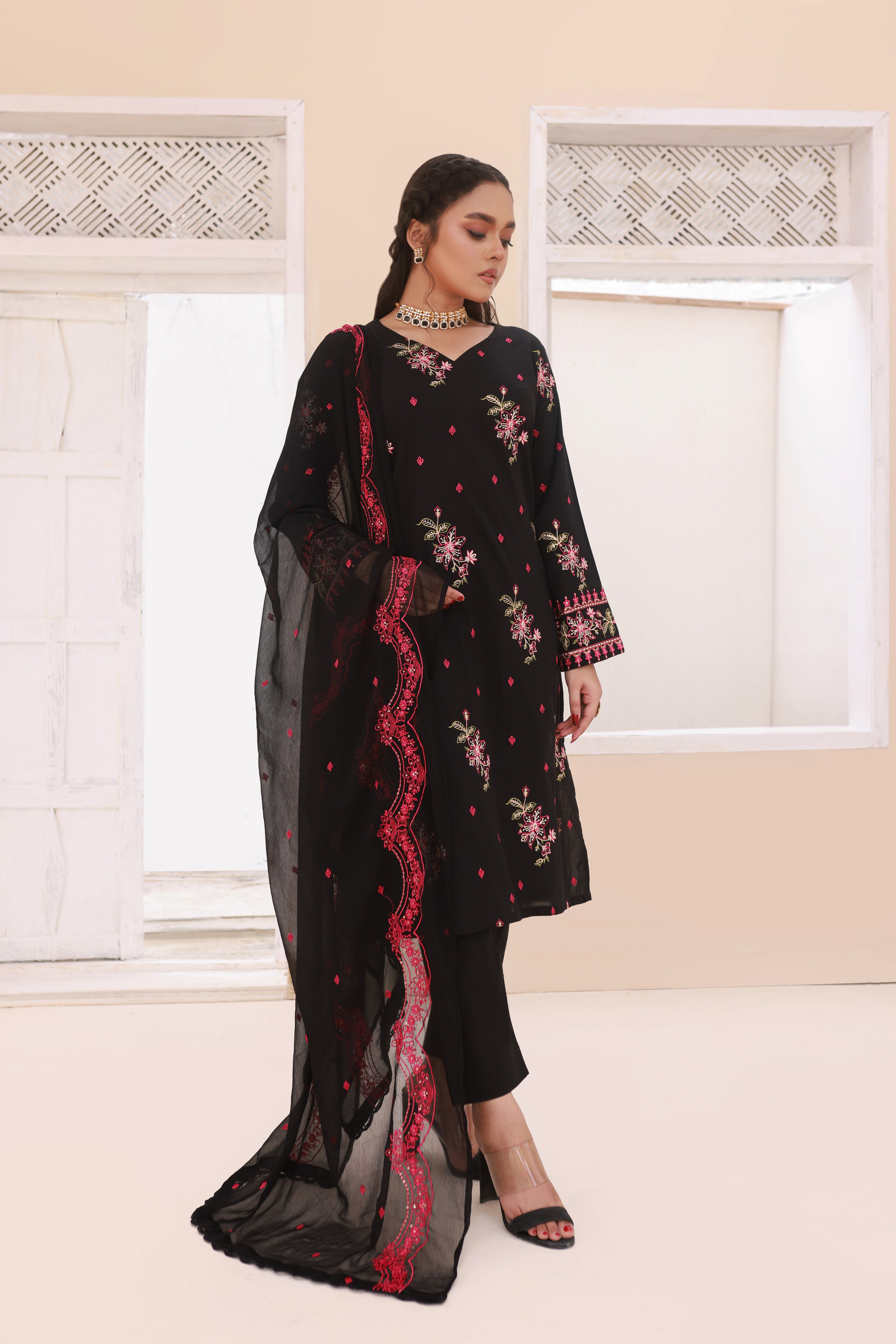 Luxeurs Lawn CottonStitched Embroidered Dress