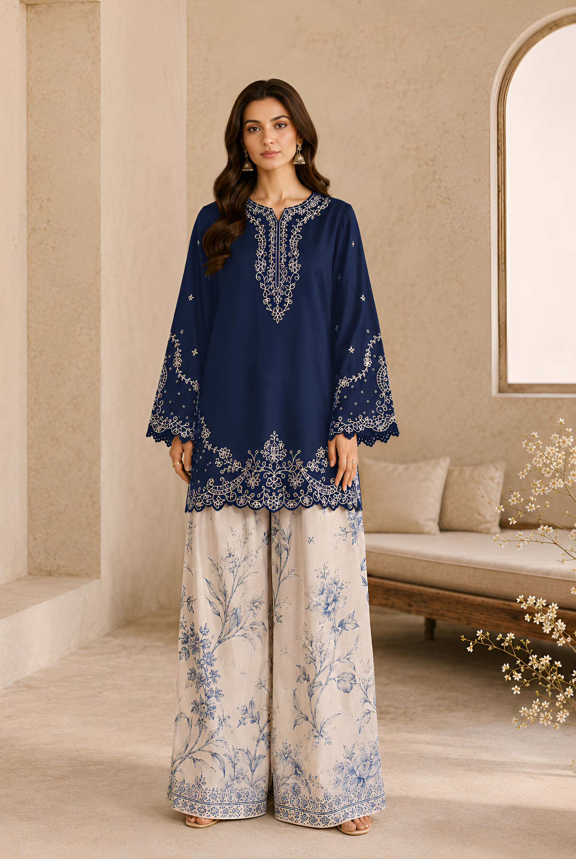 Woman wearing a navy blue embroidered top and light-colored floral pants in an indoor setting.
