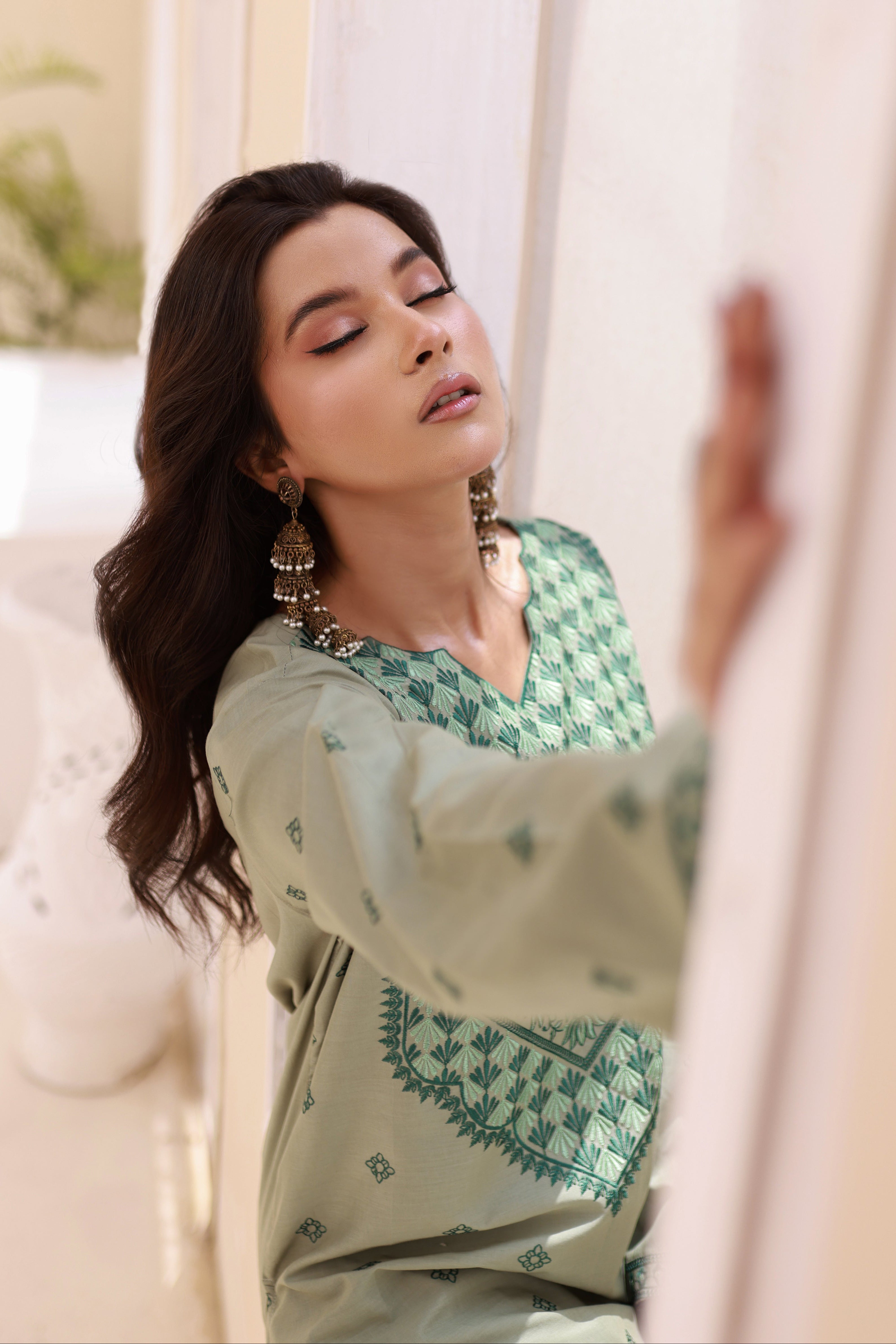 Moss Green Embroidered Lawn Stitched Dress