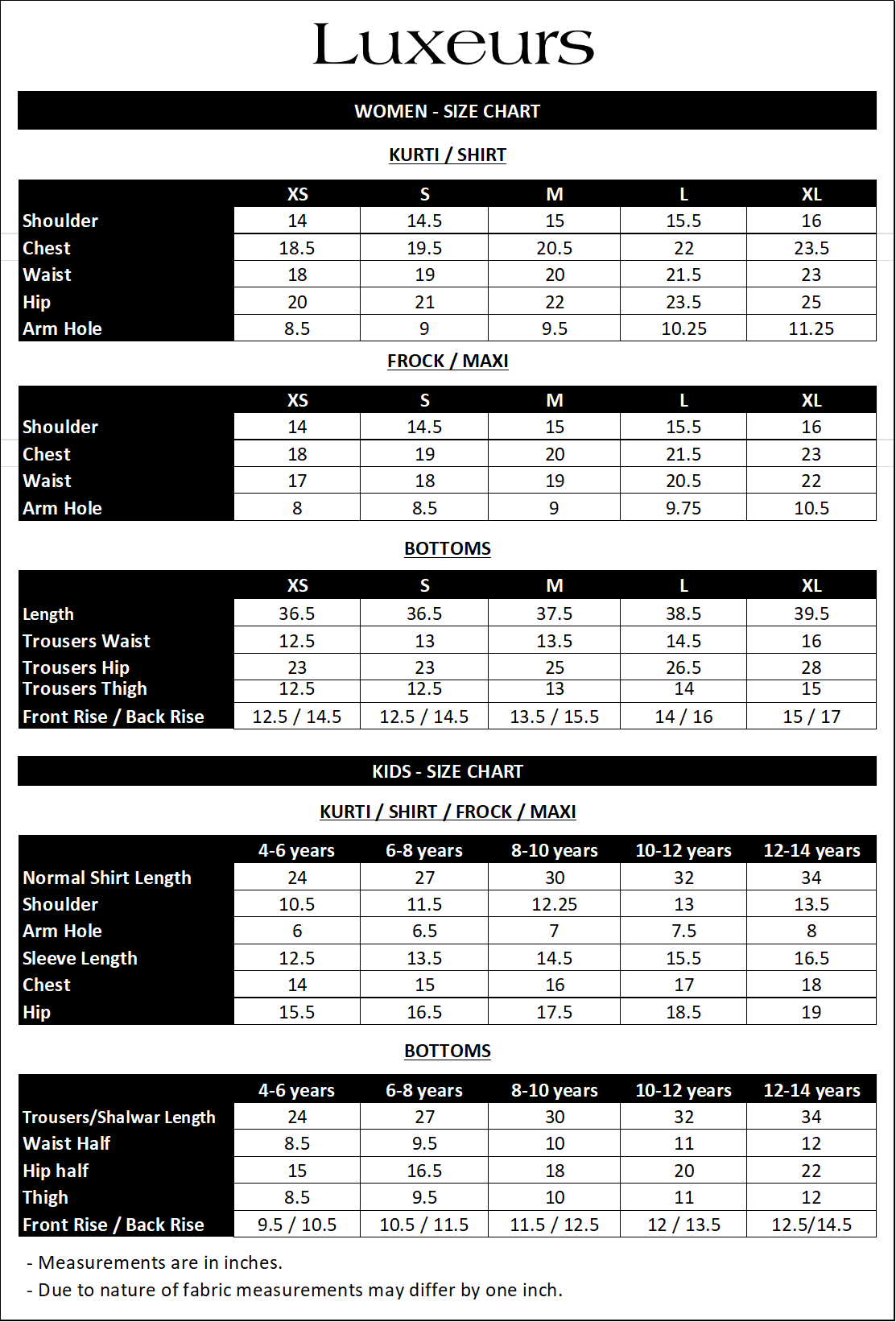 Luxeurs Affordable Embroidered Pakistani Lawn Dresses Size Chart