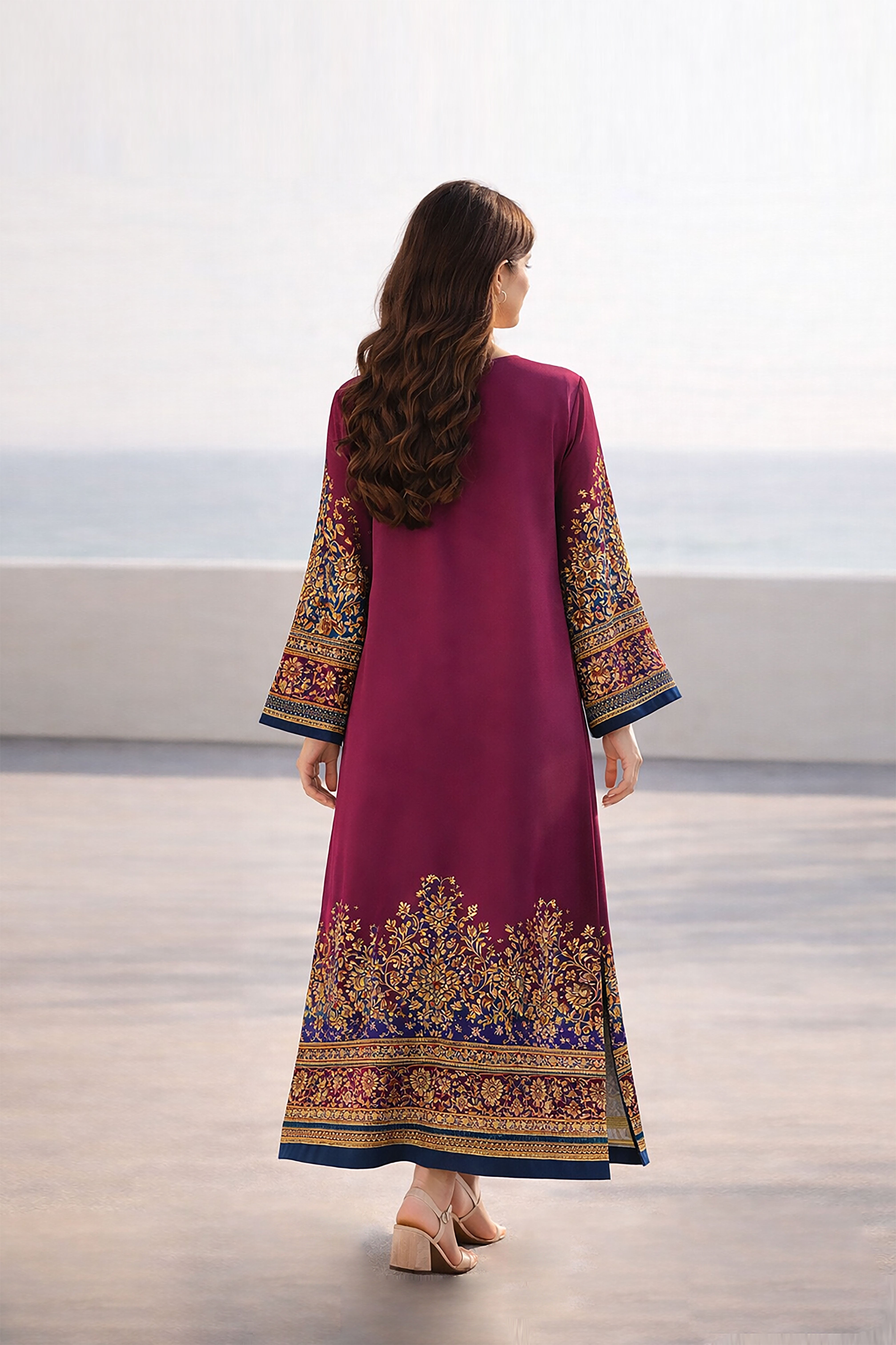 Saffron Printed Raw Silk Kaftan