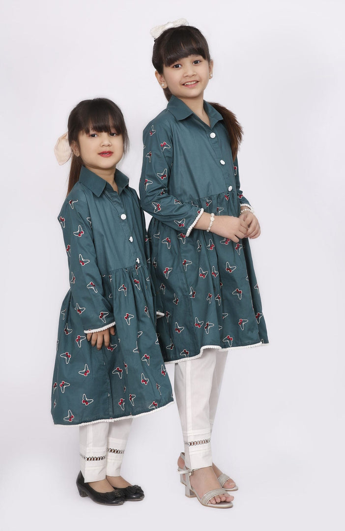 Butterfly Stitched 2 Piece Embroidered Cotton Suit For Kids