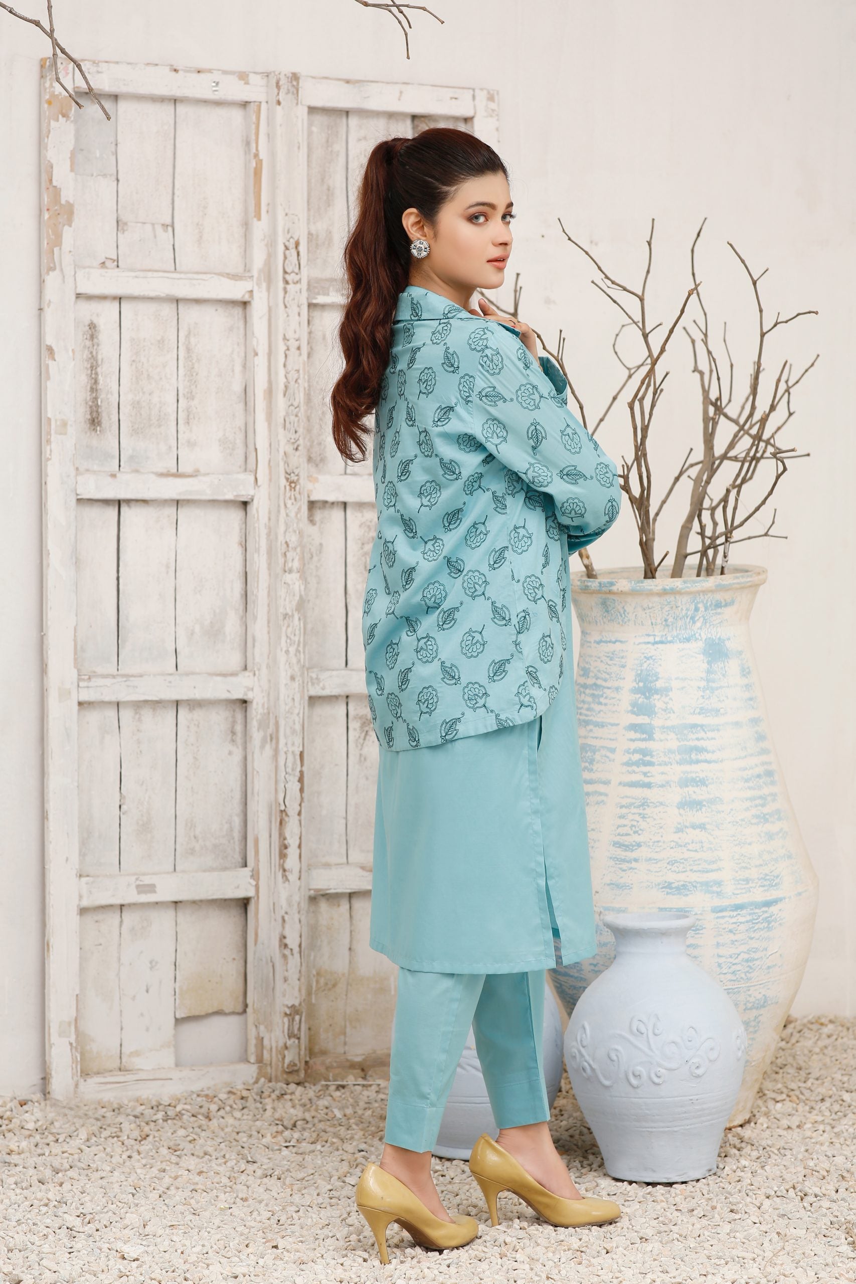 Icy Stitched 3 Piece Cotton Suit with Embroidered Coat