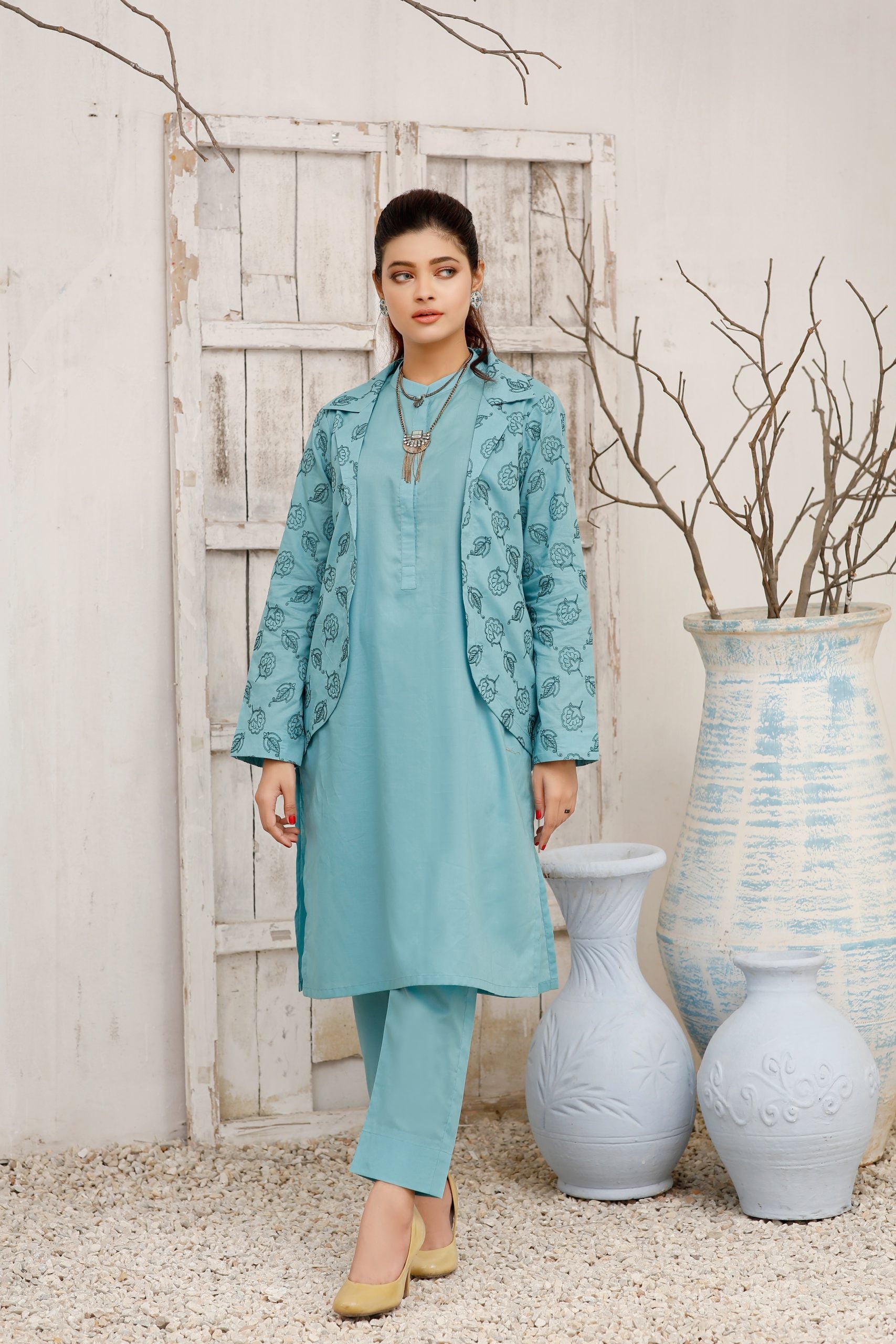 Icy Stitched 3 Piece Cotton Suit with Embroidered Coat
