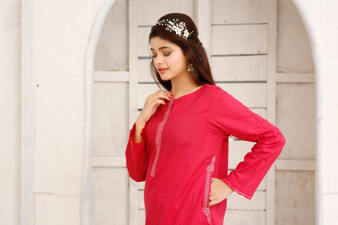 Raspberry Stitched 2 Piece Embroidered Cotton Suit