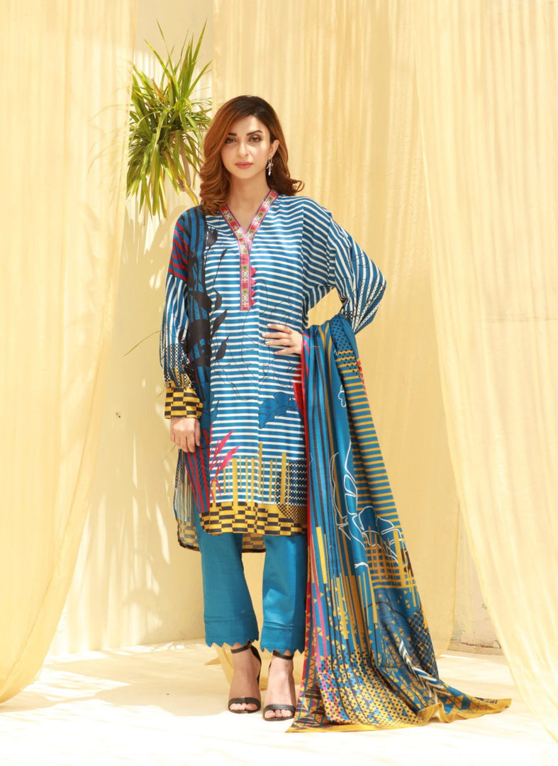 Bold Blue Unstitched 3 Piece Printed Khaddar Suit