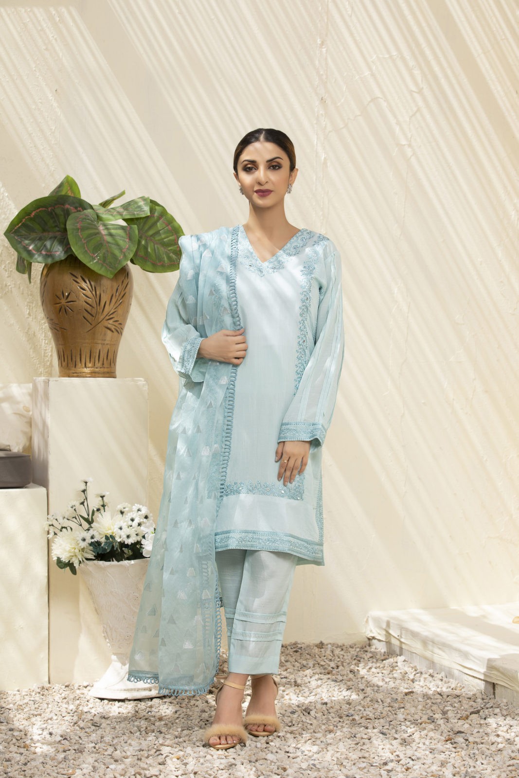 Powder Blue Stitched 3 Piece Embroidered Sequin work Silk Suit