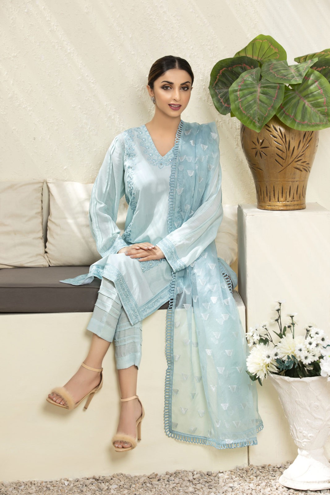 Powder Blue Stitched 3 Piece Embroidered Sequin work Silk Suit