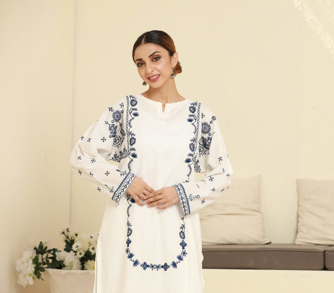 White Stitched 2 Piece Embroidered Cambric Cotton Suit
