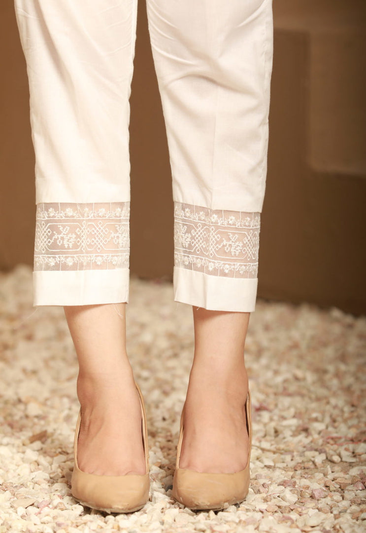 Stylized Embroidered Cambric Straight Pants - Off White