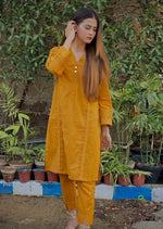 Load image into Gallery viewer, Mustard Stitched 2 Piece Cotton Suit embellished with Laces
