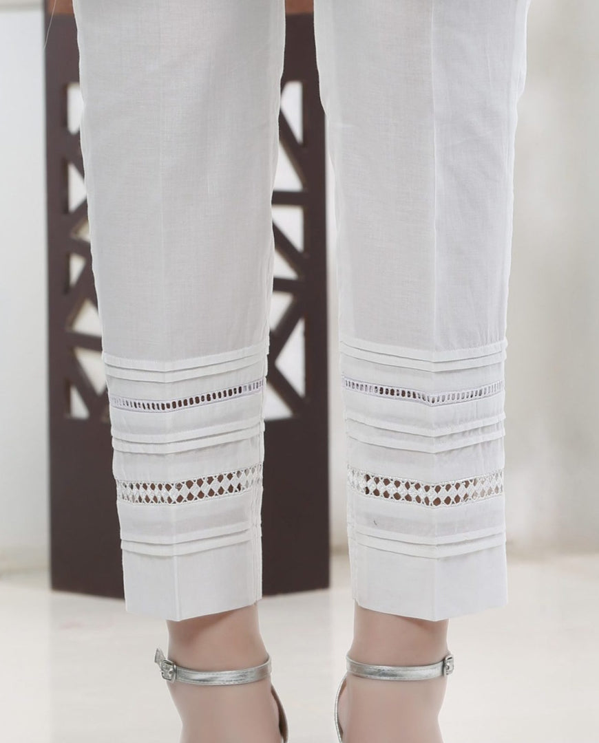 Embellished & Pintucks Cigarette Pants - Pearl White