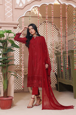 Load image into Gallery viewer, Maroon Stitched 3 Piece Embroidered Suit with Silk Trouser
