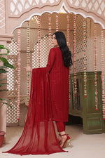 Load image into Gallery viewer, Maroon Stitched 3 Piece Embroidered Suit with Silk Trouser
