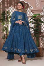 Load image into Gallery viewer, Moroccan Blue Stitched 3 Piece Embroidered Raw Silk Outfit