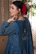 Load image into Gallery viewer, Moroccan Blue Stitched 3 Piece Embroidered Raw Silk Outfit