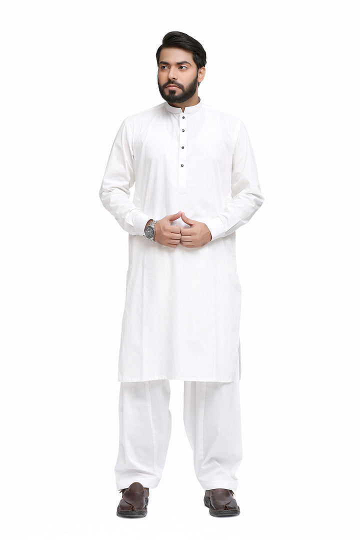 Men's White Stitched Cotton Shalwar Kameez