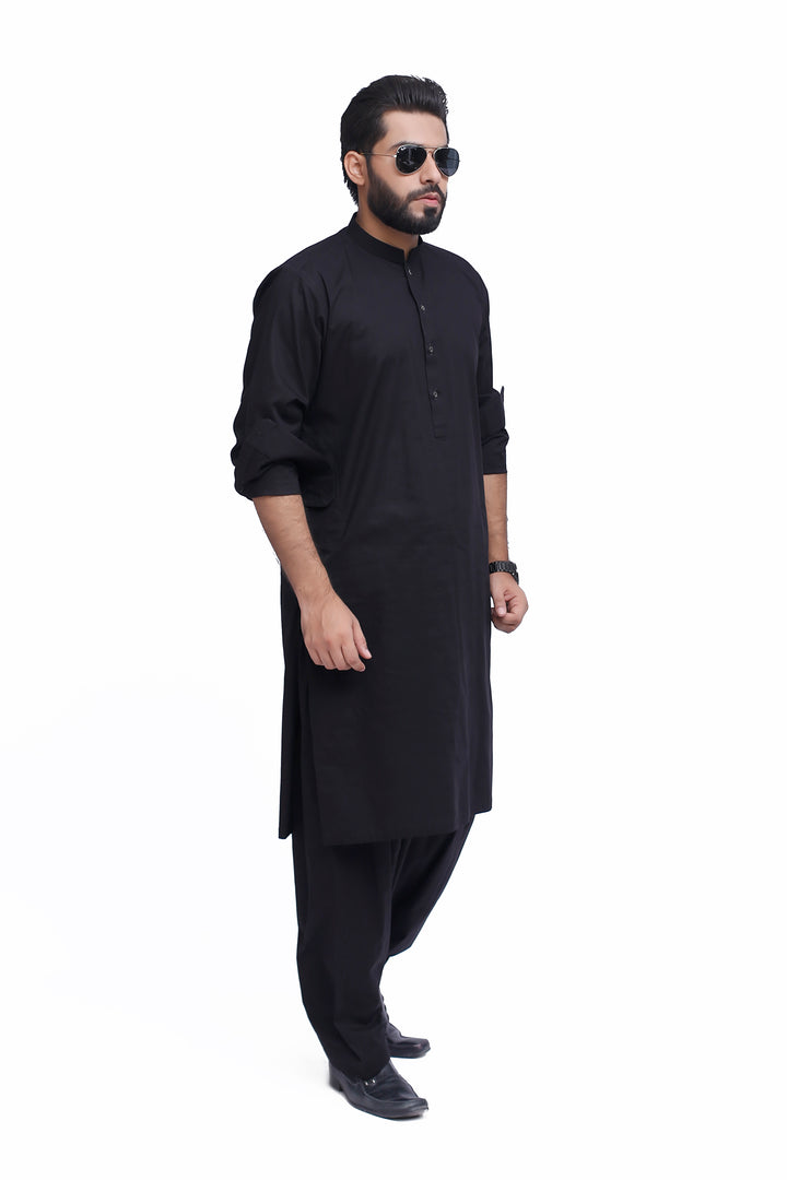 Mens' Black Stitched Cotton Shalwar Kameez