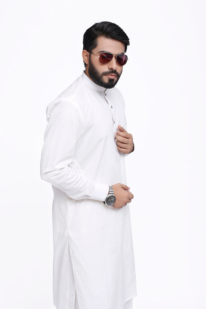 Men's White Stitched Cotton Shalwar Kameez