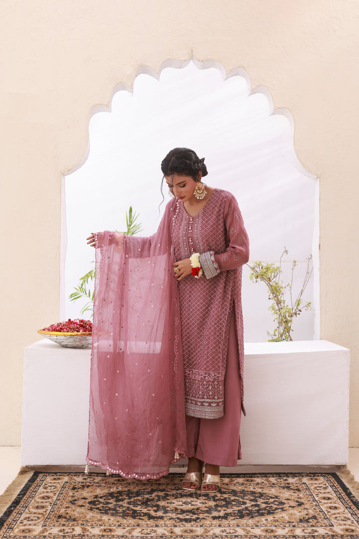 Pink Chiffon Formal Stitched Dress