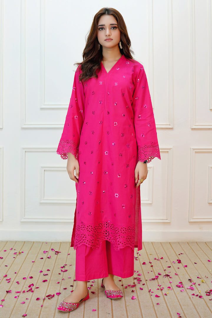 Shocking Pink Schiffli Lawn 2PC Dress
