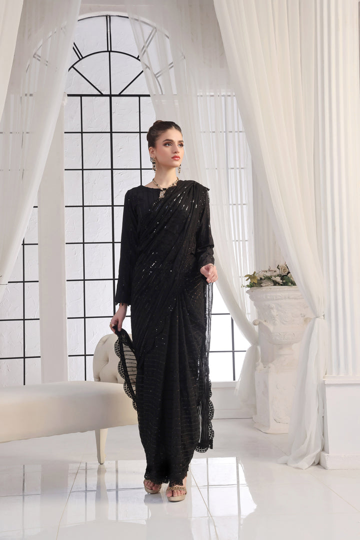 Black Chiffon Stitched Saree