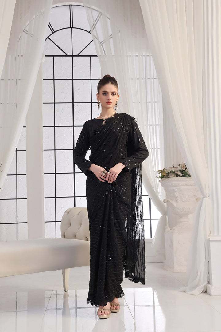 Black Chiffon Stitched Saree