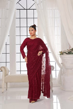 Load image into Gallery viewer, Maroon Chiffon Stitched Saree
