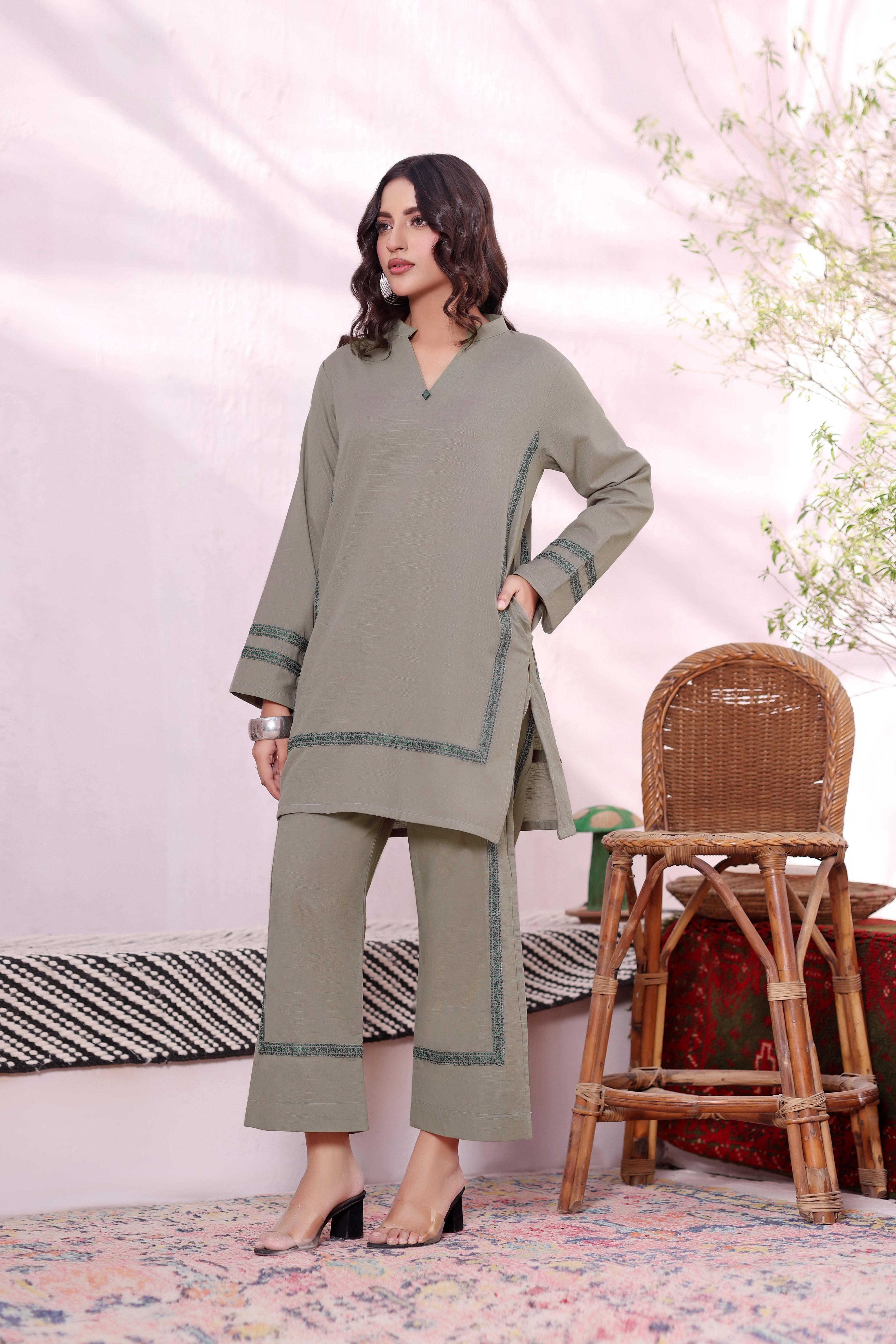 Mint khaddar Embroidered 2PC Dress