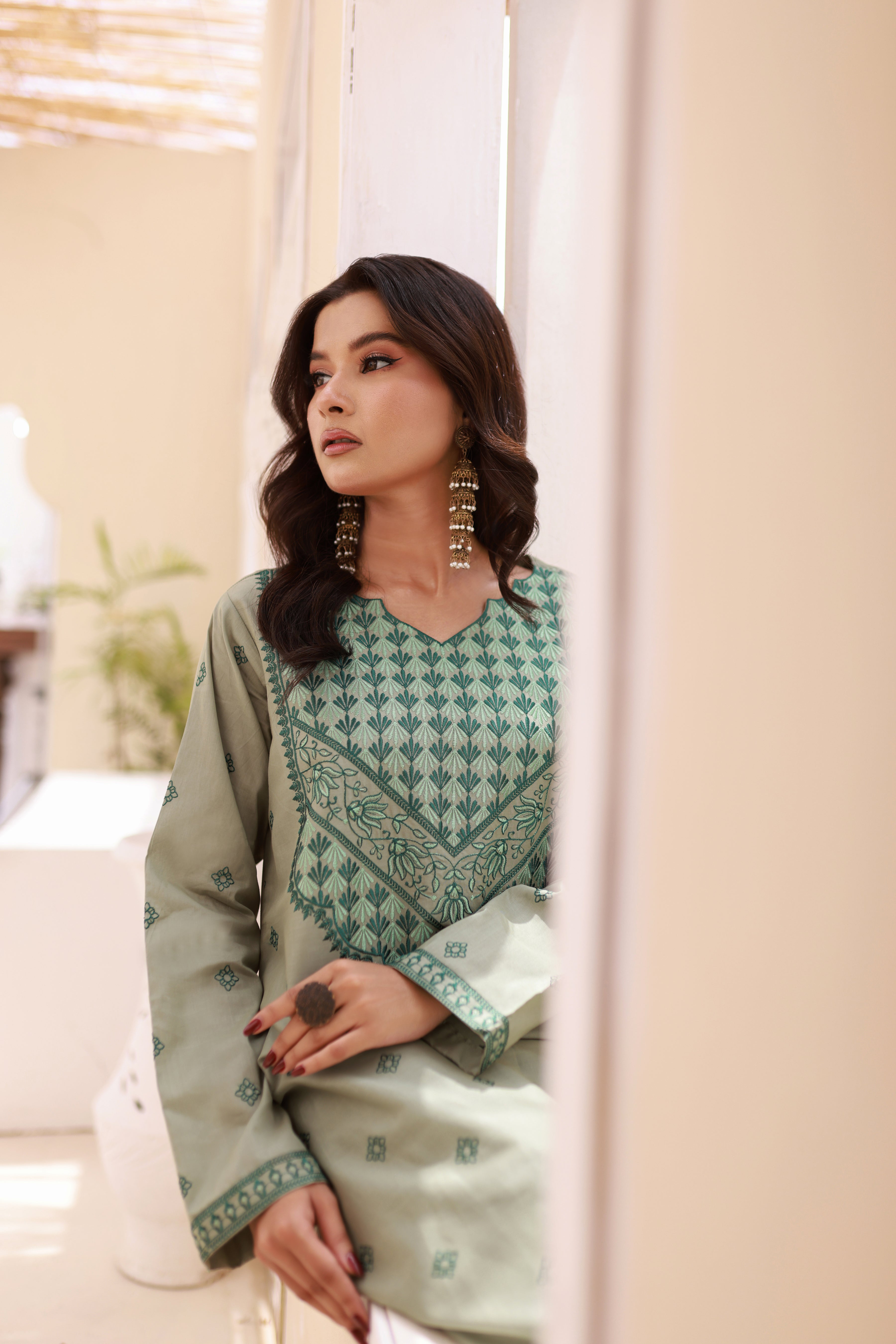 Moss Green Embroidered Lawn Stitched Dress
