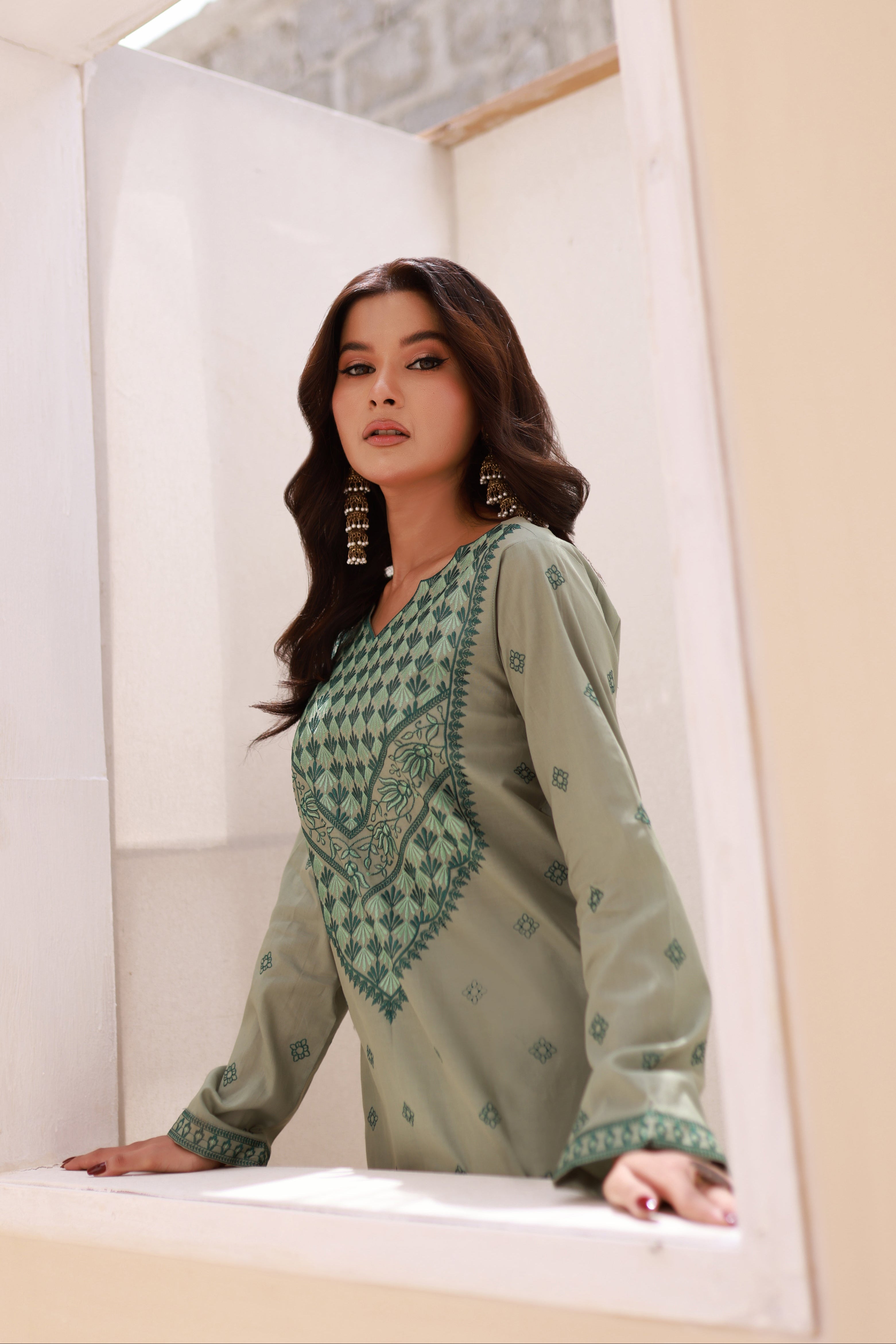 Moss Green Embroidered Lawn Stitched Dress