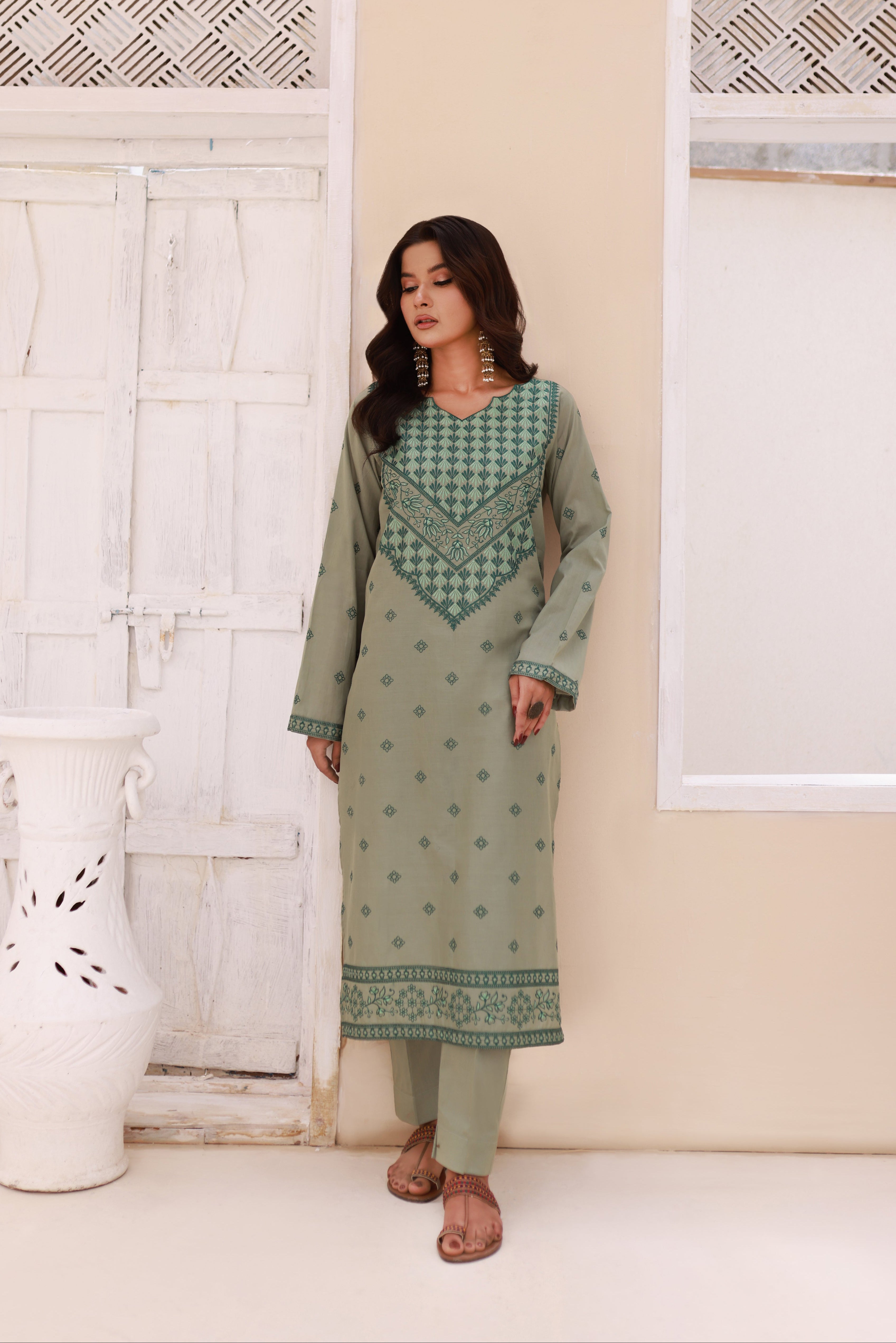 Moss Green Embroidered Lawn Stitched Dress