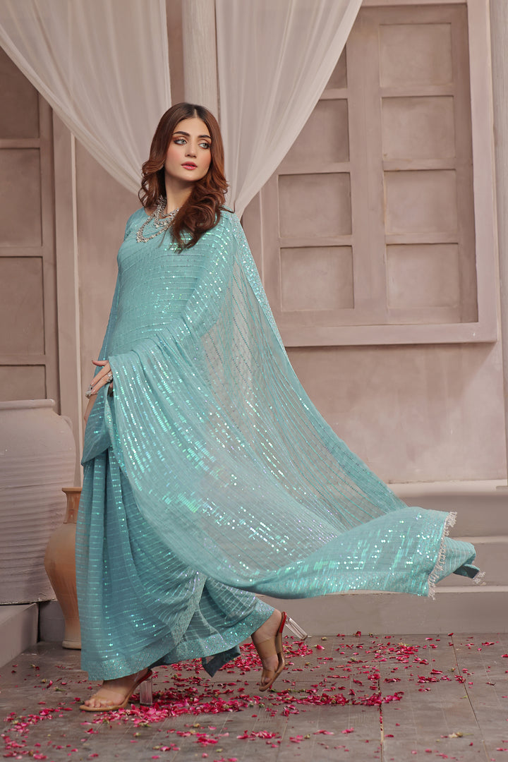 Ice blue Stitched Chiffon Saree