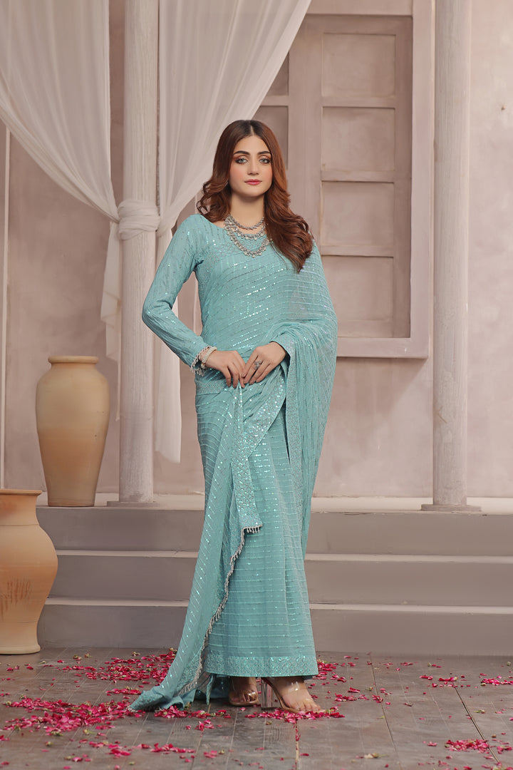 Ice blue Stitched Chiffon Saree