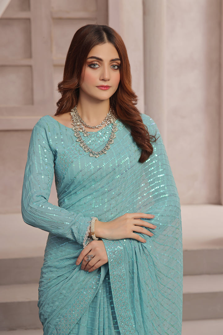 Ice blue Stitched Chiffon Saree