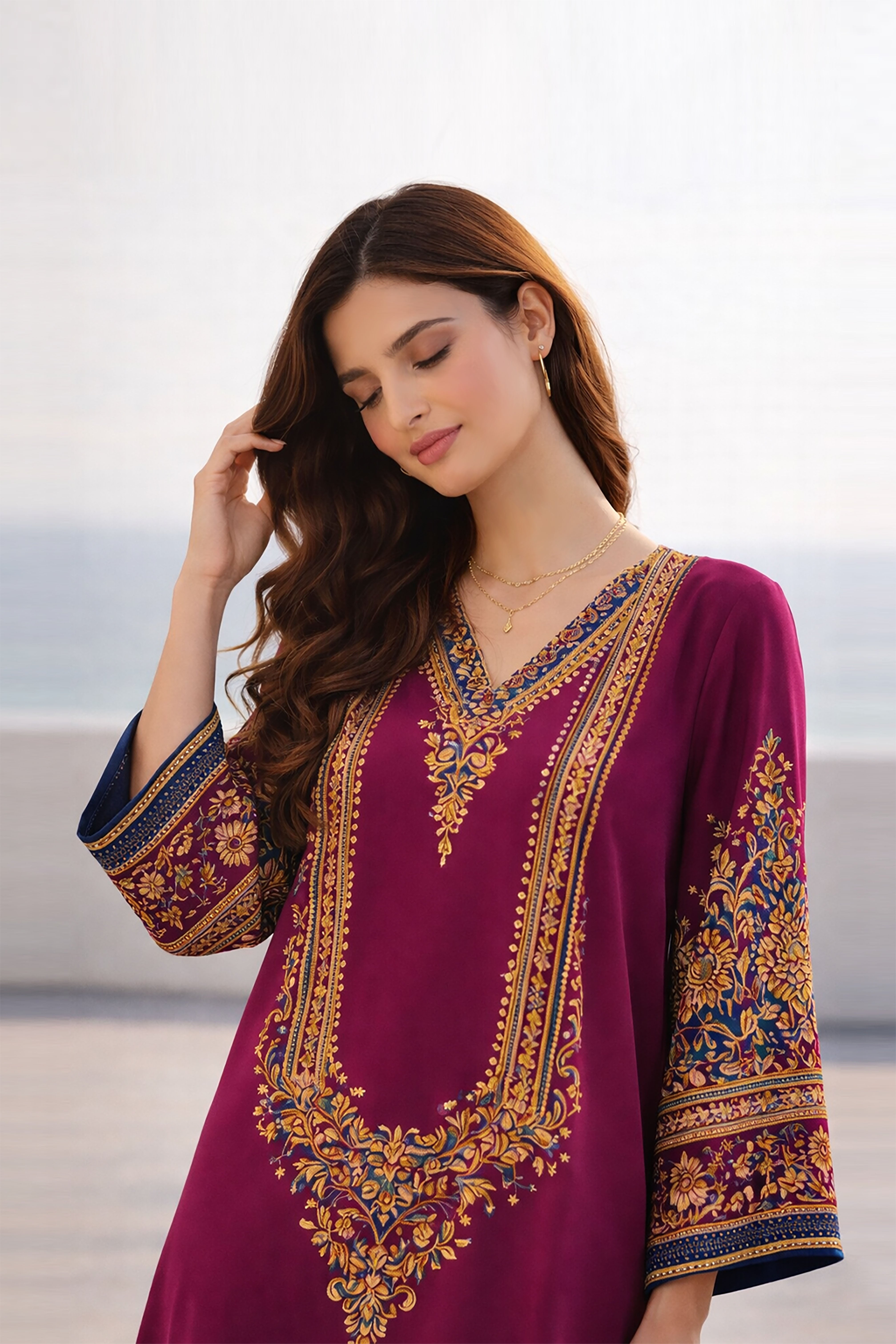 Saffron Printed Raw Silk Kaftan