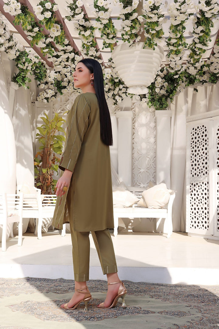 Olive Stitched 2 Piece Embroidered Lawn Cotton Suit