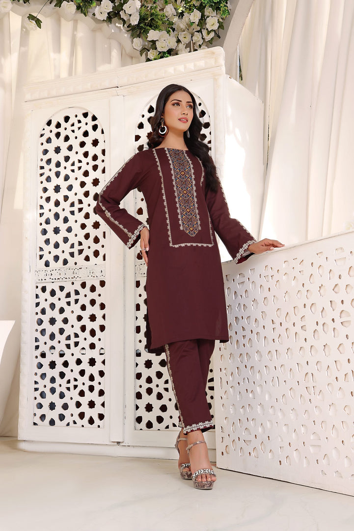 Mocha Stitched 2 Piece Embroidered Cotton Suit