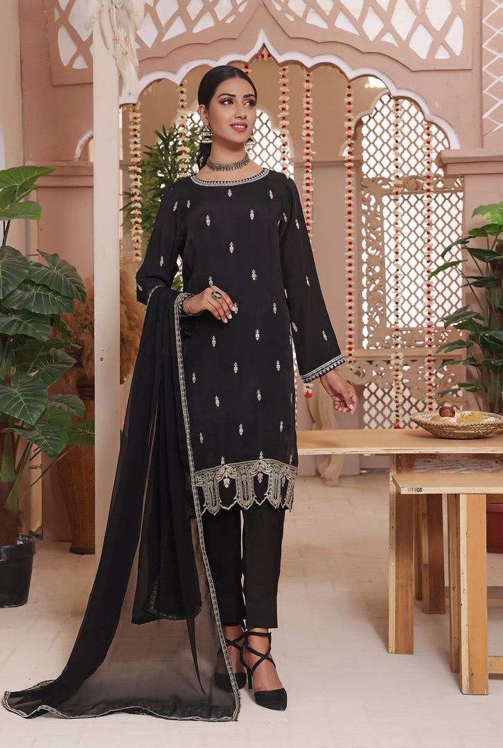 Black Stitched 3 Piece Embroidered Silk Chiffon Dupatta Suit