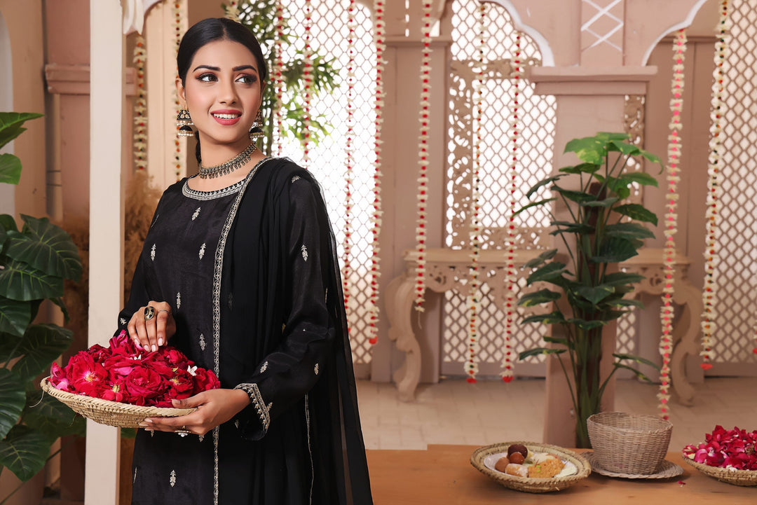 Black Stitched 3 Piece Embroidered Silk Chiffon Dupatta Suit