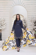 Load image into Gallery viewer, Cobalt Blue Stitched 3 Piece Embroidered Lawn Cotton Suit