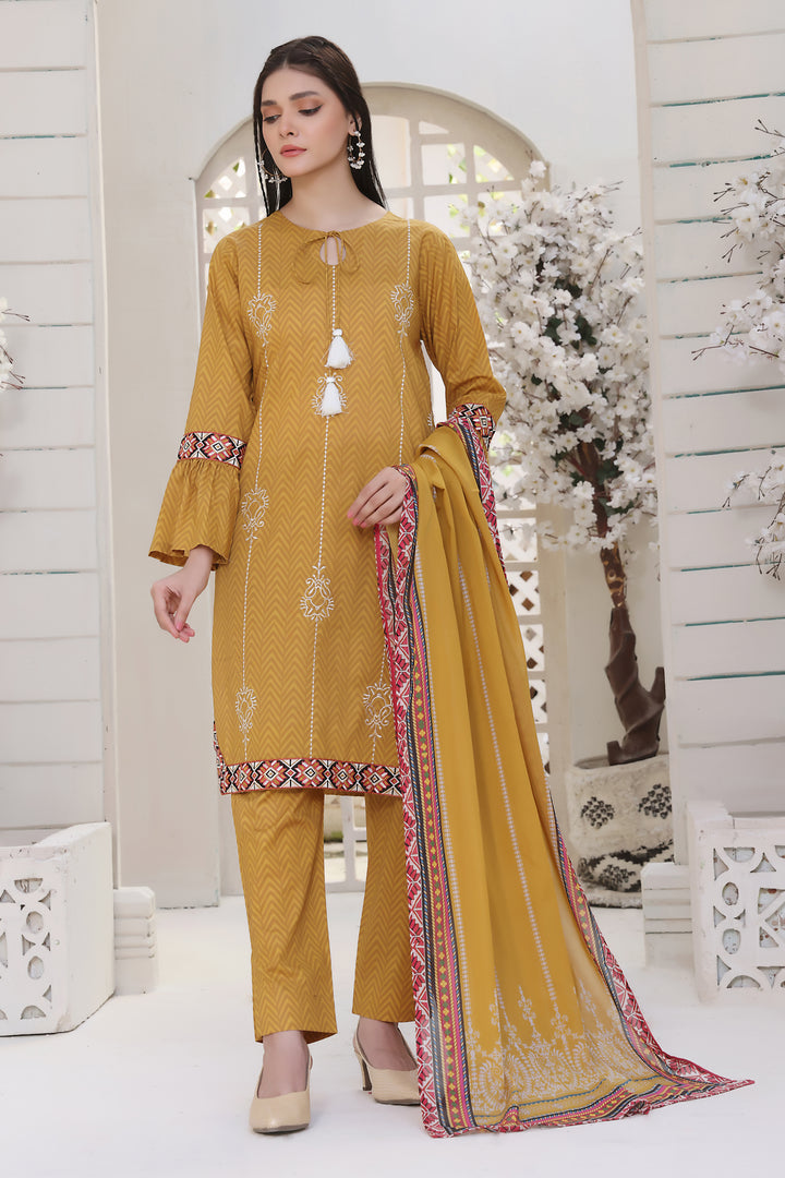 Musturd Waves Stitched 3 Piece Embroidered Lawn Cotton Suit