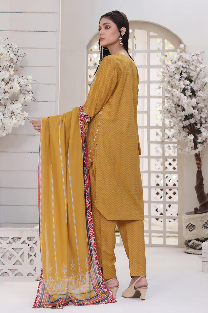 Musturd Waves Stitched 3 Piece Embroidered Lawn Cotton Suit