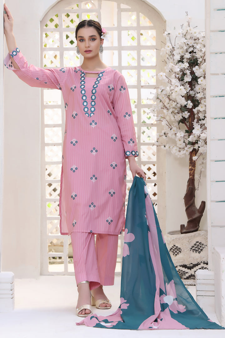 Daisy Pink Stitched 3 Piece Embroidered Lawn Cotton Suit