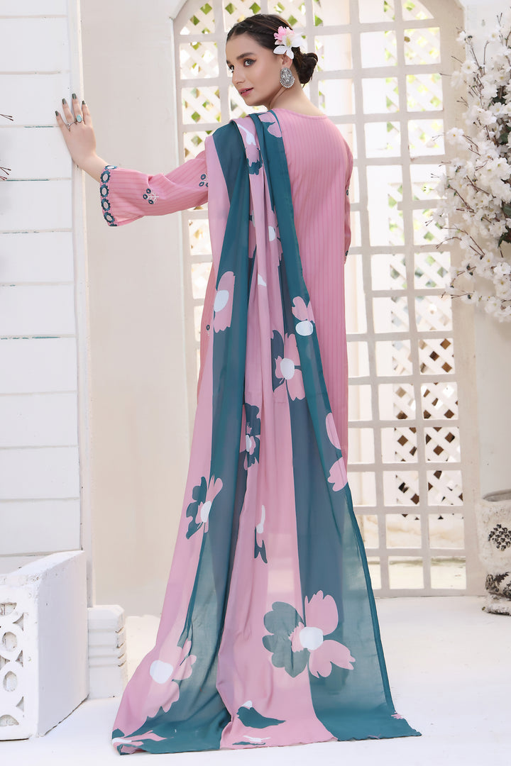 Daisy Pink Stitched 3 Piece Embroidered Lawn Cotton Suit