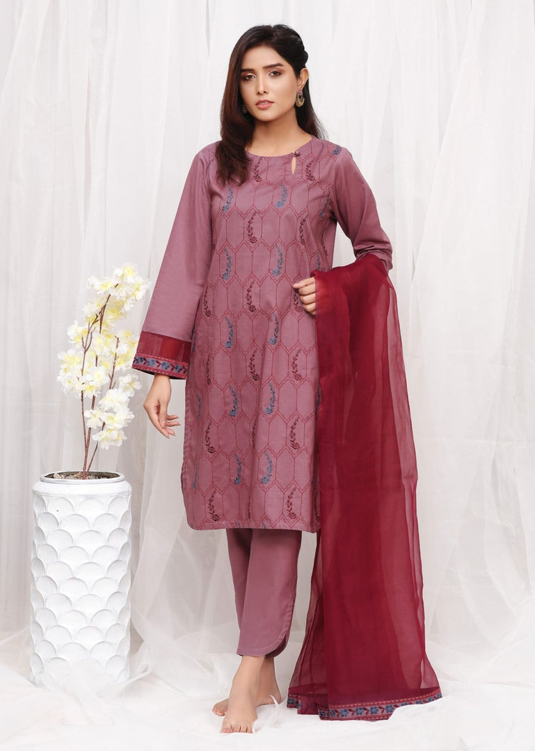 Grape Shake Stitched 3 Piece Embroidered Cotton Suit