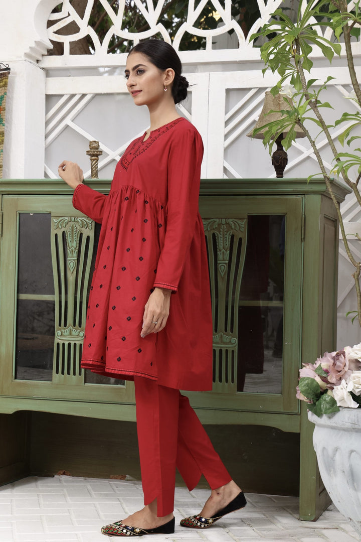 Jester Red 2 Piece Stitched Embroidered Cotton Frock