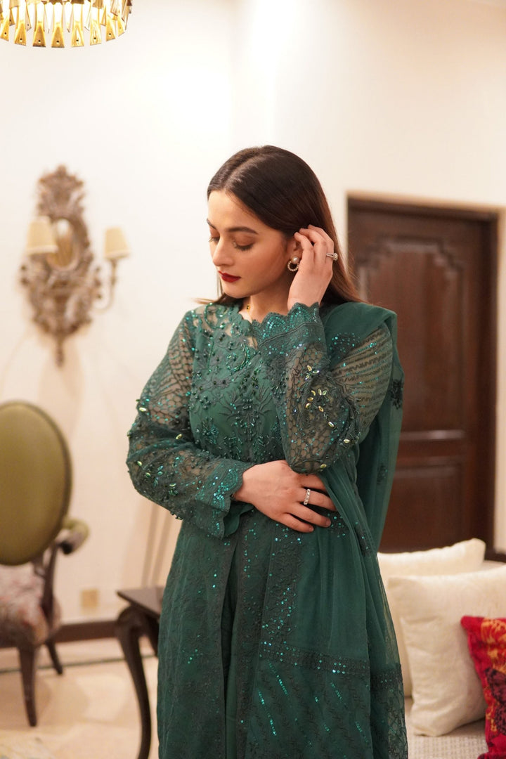 Majestic Green Unstitched Formal Emrdoidered Koren Net Suit 