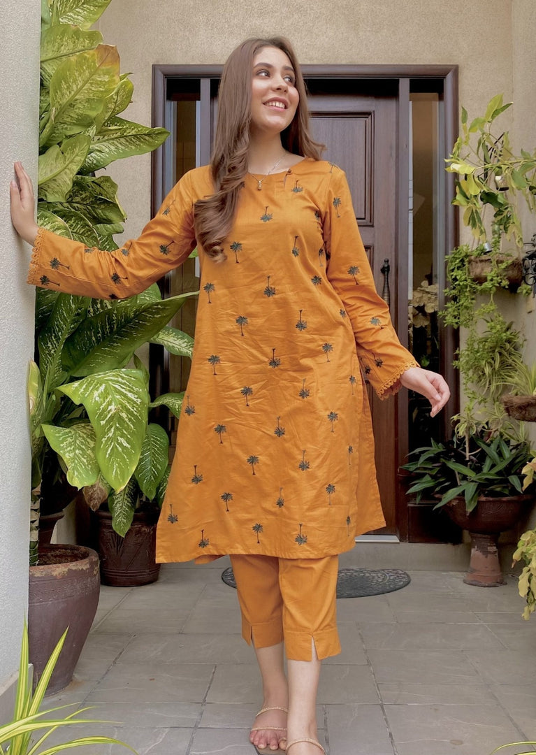 Palm Stitched 2 Piece Embroidered Cotton Suit