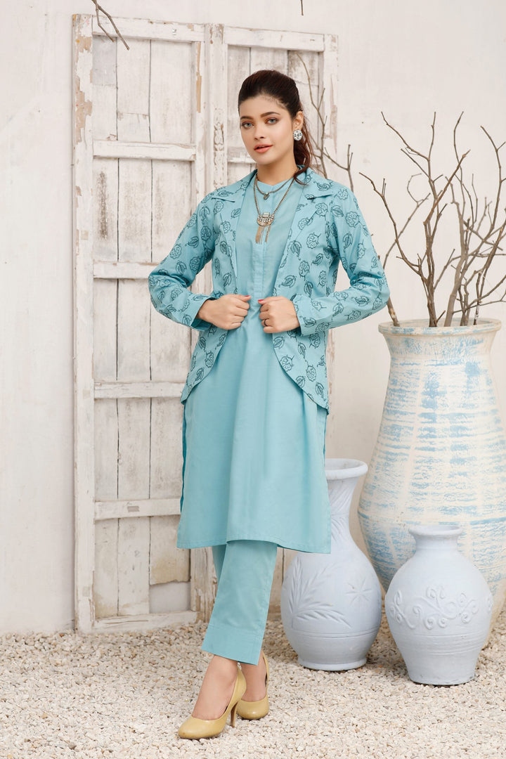 Icy Stitched 3 Piece Cotton Suit with  Embroidered Coat